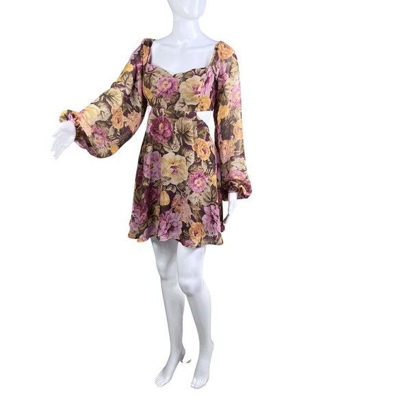 Showpo Women 6 Floral Mini Chiffon Cutout Dress Long Puff Sleeve Sweetheart Neck - Picture 1 of 16